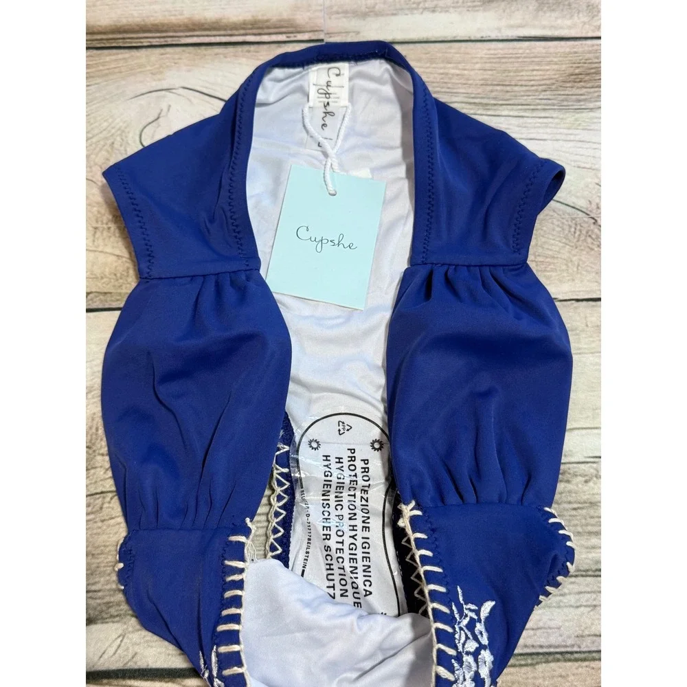 Cupshe‎ Blue Floral Tankini Set Elegant Embroidered Swimwear Chic Beach Look L